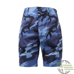Camo Sky Blue, Adjustable Waist Tabs, Button Fly, Six Pockets - Camo Shorts